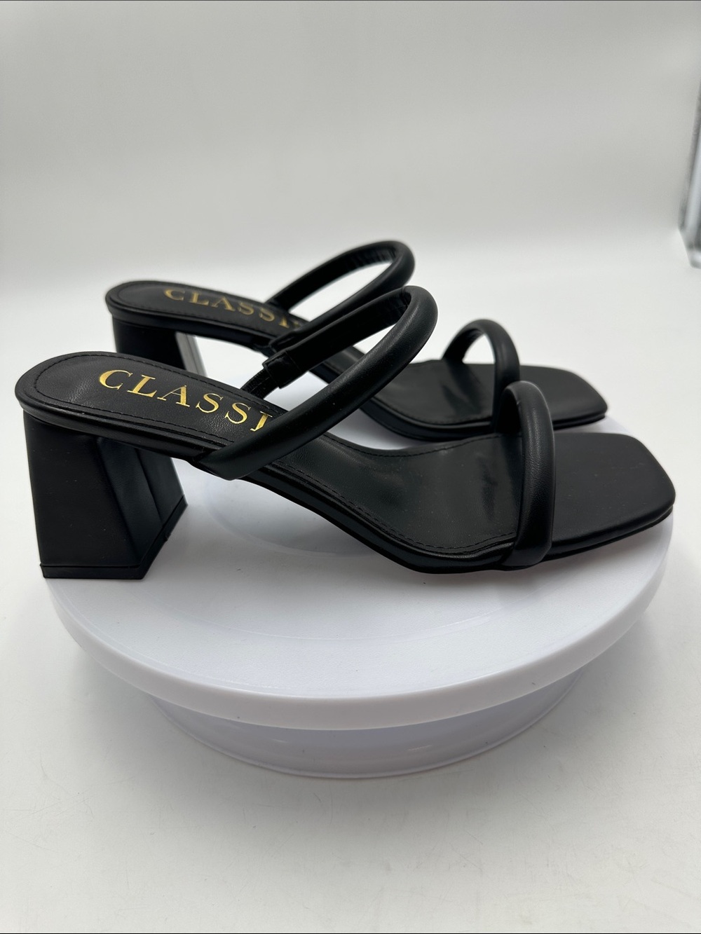 Classic Black Double Strap Square Toe Heels Size 8